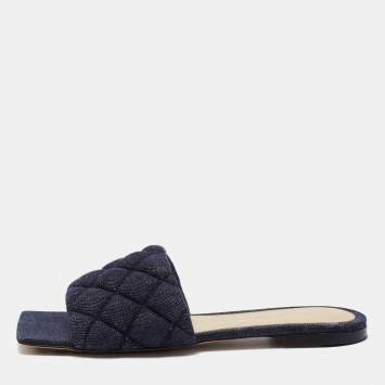 Pre Owned Bottega Veneta Navy Blue Quilted Denim Padded Slide Flats Size 37