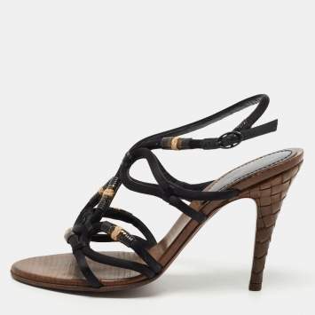 Pre Owned Bottega Veneta Black Satin Strappy Sandals Size 38.5