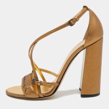 Pre Owned Bottega Veneta Metallic Intrecciato Leather Block Heel Slingback Sandals Size 38