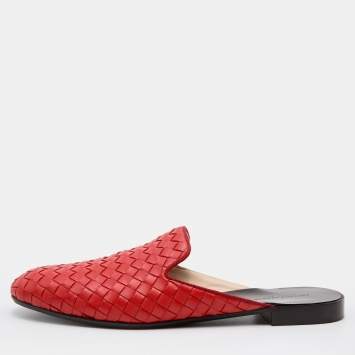 Pre Owned Bottega Veneta Orange Intrecciato Leather Fiandra Flat Mules Size 38.5