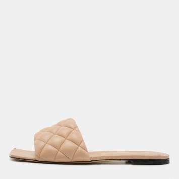 Pre Owned Bottega Veneta Beige Quilted Leather Lido Flat Slides Size 40.5