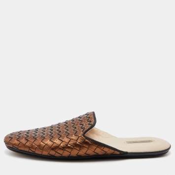 Pre Owned Bottega Veneta Metallic Brown Intrecciato Leather Flat Mules Size 37