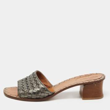 Pre Owned Bottega Veneta Metallic Grey Intrecciato Leather Ravello Slide Sandals Size 40