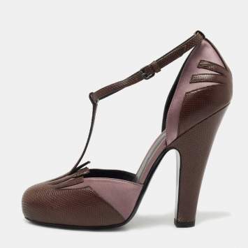Pre Owned Bottega Veneta Brown Karung Leather and Satin Ankle Strap Pumps Size  40