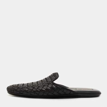 Pre Owned Bottega Veneta Black Intrecciato Leather Fiandra Flat Mules Size 35