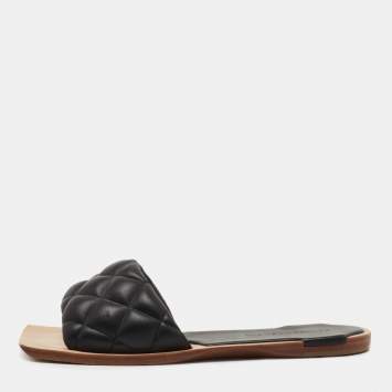 Pre Owned Bottega Veneta Black Leather Flat Slides Size 38 