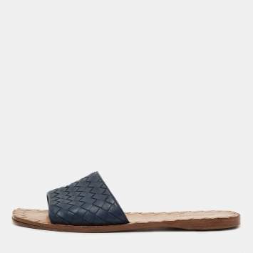 Pre Owned Bottega Veneta Blue leather Intrecciato Slides Flats Size 36.5