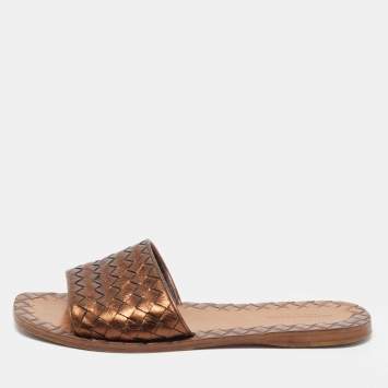 Pre Owned Bottega Veneta Metallic Intrecciato Leather Flat Slides Size 37