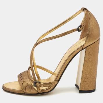 Pre Owned Bottega Veneta Metallic Intrecciato Leather Block Heel Slingback Sandals Size 37.5