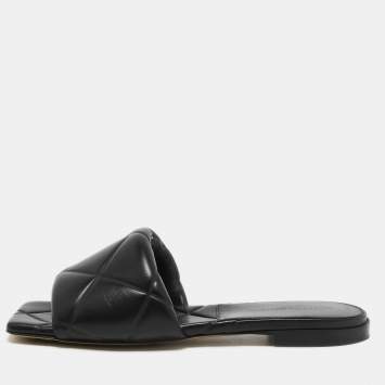 Pre Owned Bottega Veneta Black Leather Flat Slides Size 38 