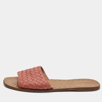 Pre Owned Bottega Veneta Pink Intrecciato Leather Flat Slides Size 41