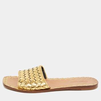 Pre Owned Bottega Veneta Gold Intrecciato Leather Flat Slides Size 37.5