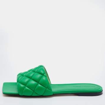 Pre Owned Bottega Veneta Green Leather Lido Flat Slides Size 38