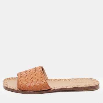 Pre Owned Bottega Veneta Orange Intrecciato Leather Flat Slides Size 36