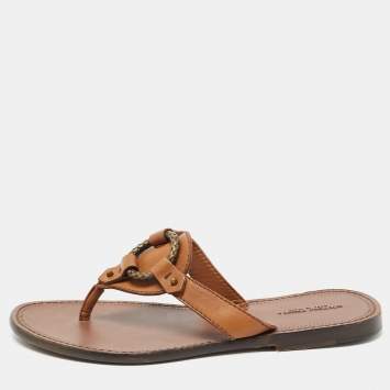 Pre Owned Bottega Veneta Brown Leather Thong Flats Size 36.5