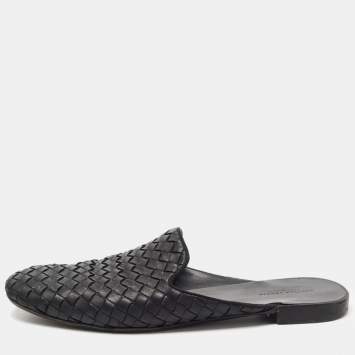 Pre Owned Bottega Veneta Black Intrecciato Leather Fiandra Flat Mules Size 39.5
