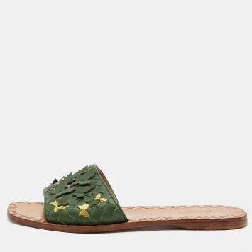 Pre Owned Bottega Veneta Green Intrecciato Leather Butterfly Ravello Flat Slides Size 38