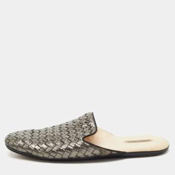 Pre Owned Bottega Veneta Metallic Bronze Leather Intrecciato Mules 39