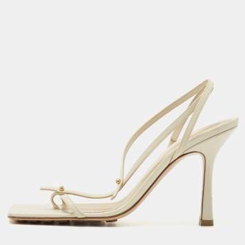 Pre Owned Bottega Veneta Cream Leather Stretch T-strap Sandals Size 38
