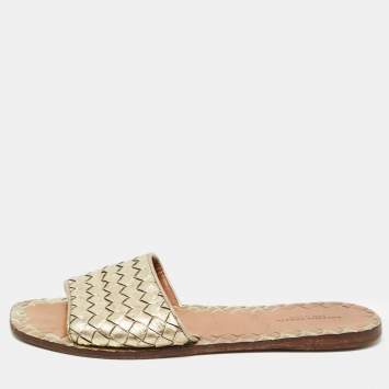 Pre Owned Bottega Veneta Gold Intrecciato Leather Flat Slides Size 38.5
