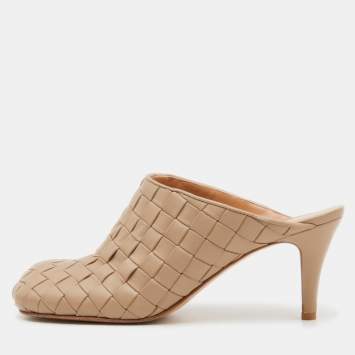 Pre Owned Bottega Veneta Light Brown Intrecciato Leather Mules Size 40