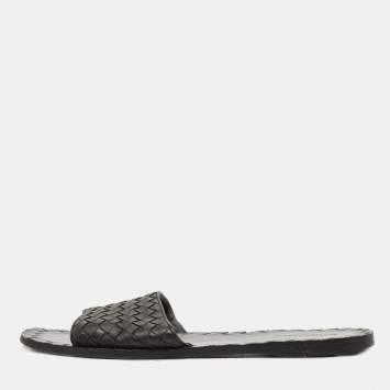 Pre Owned Bottega Veneta Black Intrecciato Leather Flat Slides Size 39