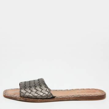 Pre Owned Bottega Veneta Metallic Grey Intrecciato Leather Flat Slides Size 38