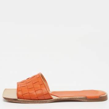 Pre Owned Bottega Veneta Orange/Beige Intrecciato Leather Square Toe Flat Slides Size 37