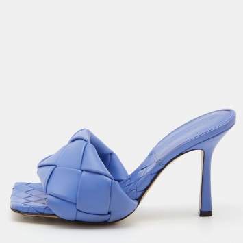 مملوكة مسبقًا Bottega Veneta Blue Intrecciato Leather Lido Slide Sandals Size 37.5