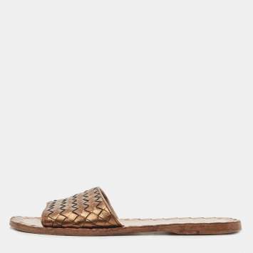 Pre Owned Bottega Veneta Metallic Intrecciato Leather Flat Slides Size 37