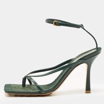 Pre Owned Bottega Veneta Green Leather Stretch Ankle Strap Sandals Size 39