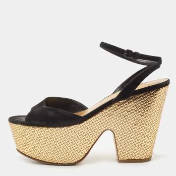 Pre Owned Bottega Veneta Black Suede Platform Wedge Ankle Strap Sandals Size 39.5