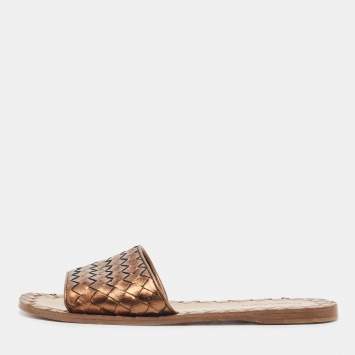 Pre Owned Bottega Veneta Metallic Intrecciato Leather Flat Slides Size 36