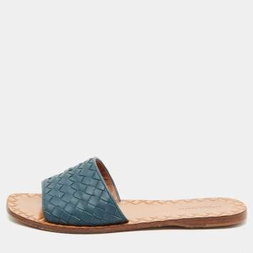 Pre Owned Bottega Veneta Blue Intrecciato Leather Flat Slides Size 38