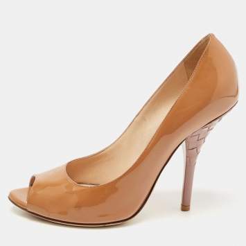 Pre Owned Bottega Veneta Brown Patent Leather Peep Toe Pumps Size 39