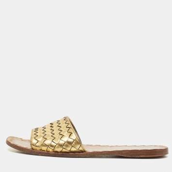 Pre Owned Bottega Veneta Gold Intrecciato Leather Flat Slides Size 37.5