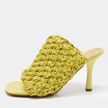 Pre Owned Bottega Veneta Yellow Woven Leather Board Mule Sandals Size 39.5