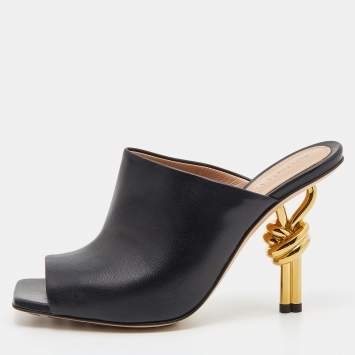 Pre Owned Bottega Veneta Black Leather Knot Heel Mules Size 36