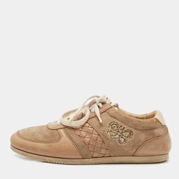 Pre Owned Bottega Veneta Two Tone Suede and Leather Butterfly Sneakers Size 37