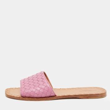 Pre Owned Bottega Veneta Purple Leather Intrecciato Flat Slides Size 40