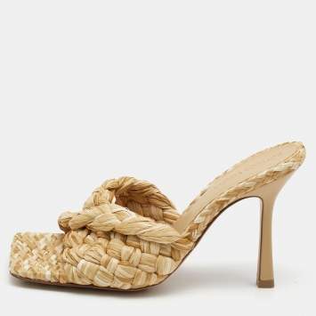 Pre Owned Bottega Veneta Beige Raffia Lido Slide Sandals Size 38