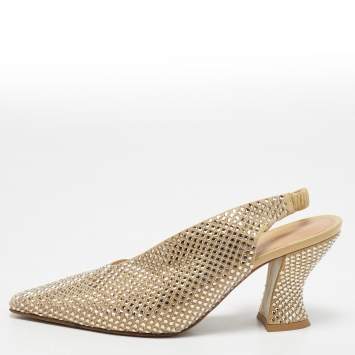 Pre Owned Bottega Veneta Beige Crystal Embellished Suede Slingback Pumps Size 38