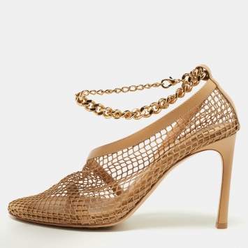 Pre Owned Bottega Veneta Beige Mesh and Leather Chunky Chain Ankle Strap Pumps Size 39.5