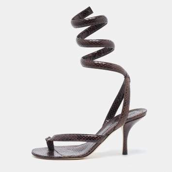 Pre Owned Bottega Veneta Brown Python Embossed Leather Spiral  Ankle Wrap Sandals Size 40