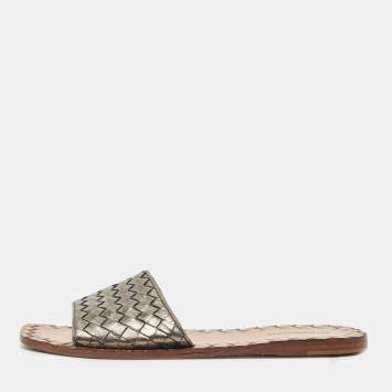 Pre Owned Bottega Veneta Metallic Bronze  Intrecciato  Leather Flat Slides Size 38