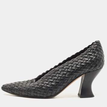 Pre Owned Bottega Veneta Black Leather Intrecciato Block Heel Pumps Size 37