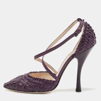 Pre Owned Bottega Veneta Purple Leather Textured Cross Strap Pumps Size 37