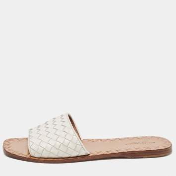 Pre Owned Bottega Veneta White Intrecciato Leather Flat Slides Size 38