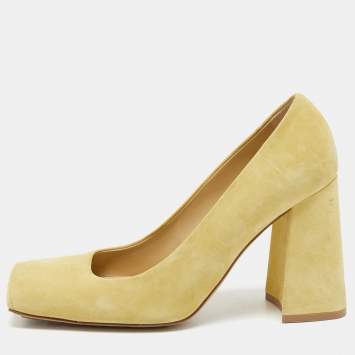 Pre Owned Bottega Veneta Yellow Suede Square Toe Block Heel Pumps Size 39