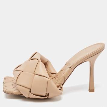 Pre Owned Bottega Veneta Beige Intrecciato Leather Lido Slides Size 38.5